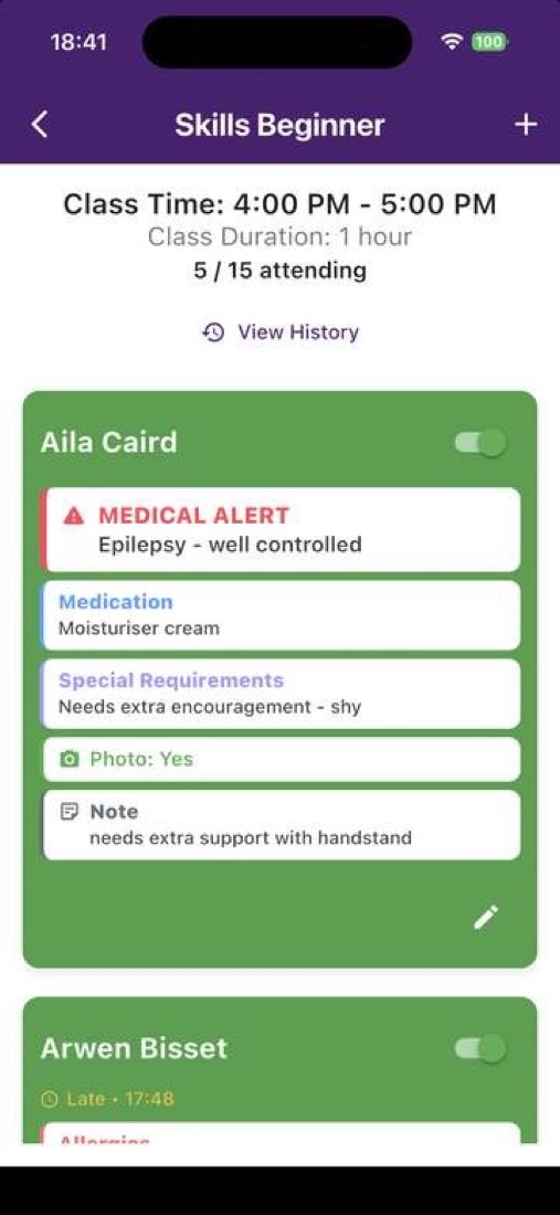 Apps By Angela register showing a medical alert, medication and special requirements card for a gymnast
