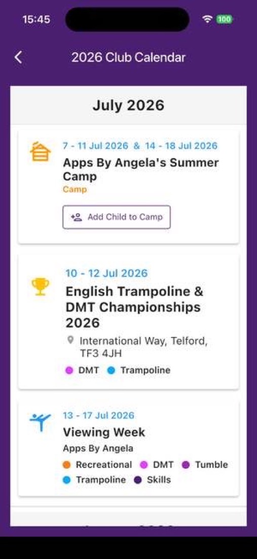 Club calendar with bookable sessions