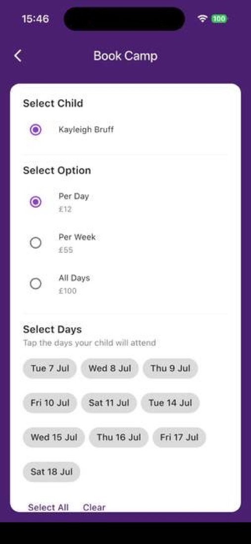 Bookable session day and payment selection